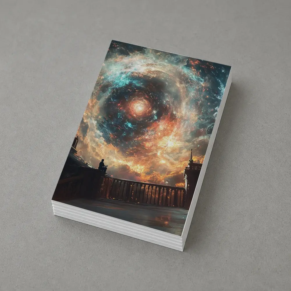 Solitary Figure Beneath Cosmic Galaxy Swirl – Postcards