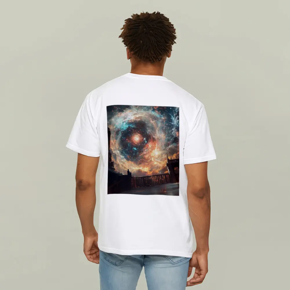 Solitary Figure Beneath Cosmic Galaxy Swirl – T-Shirts
