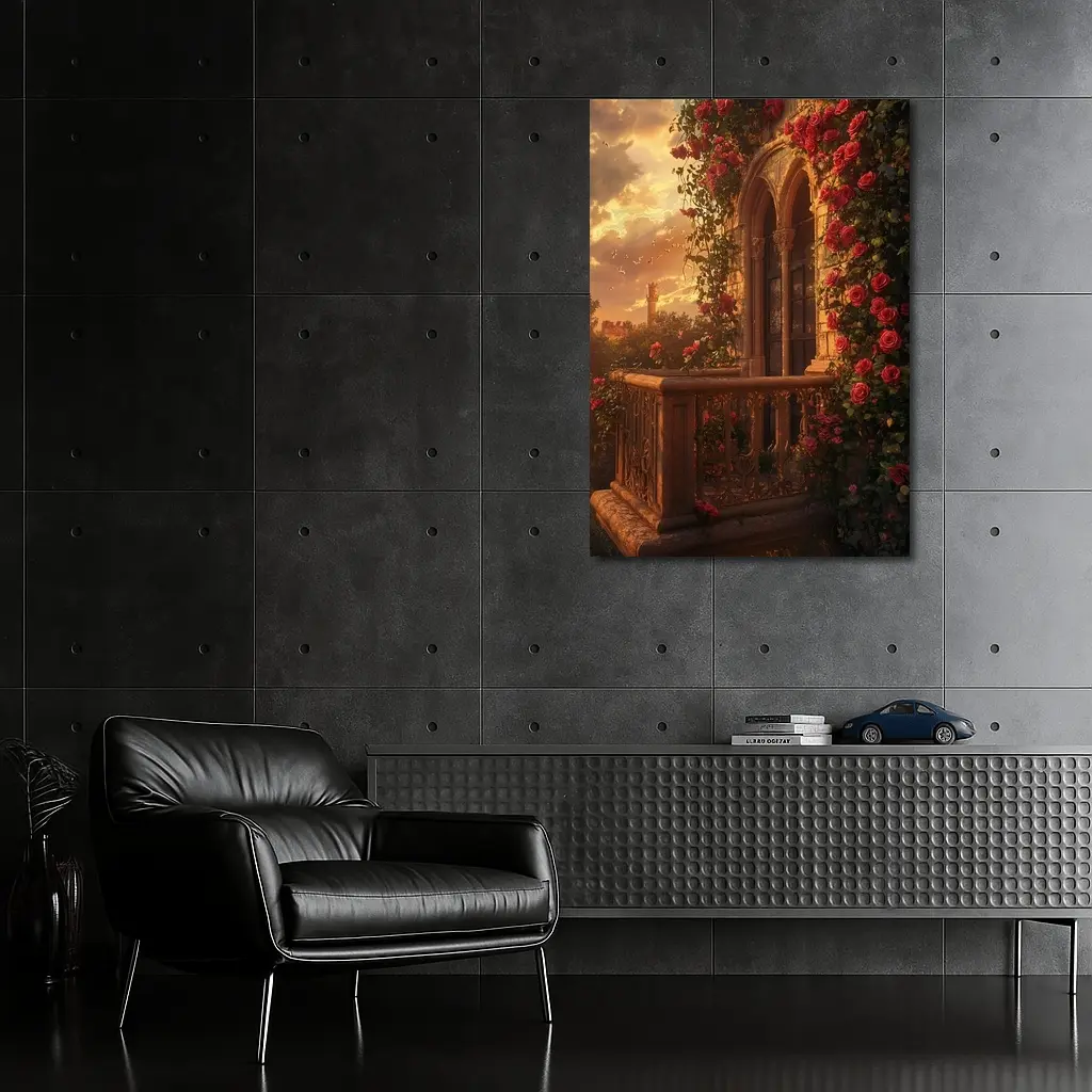 Red Roses Climbing Stone Balcony Sunset – Wall Art