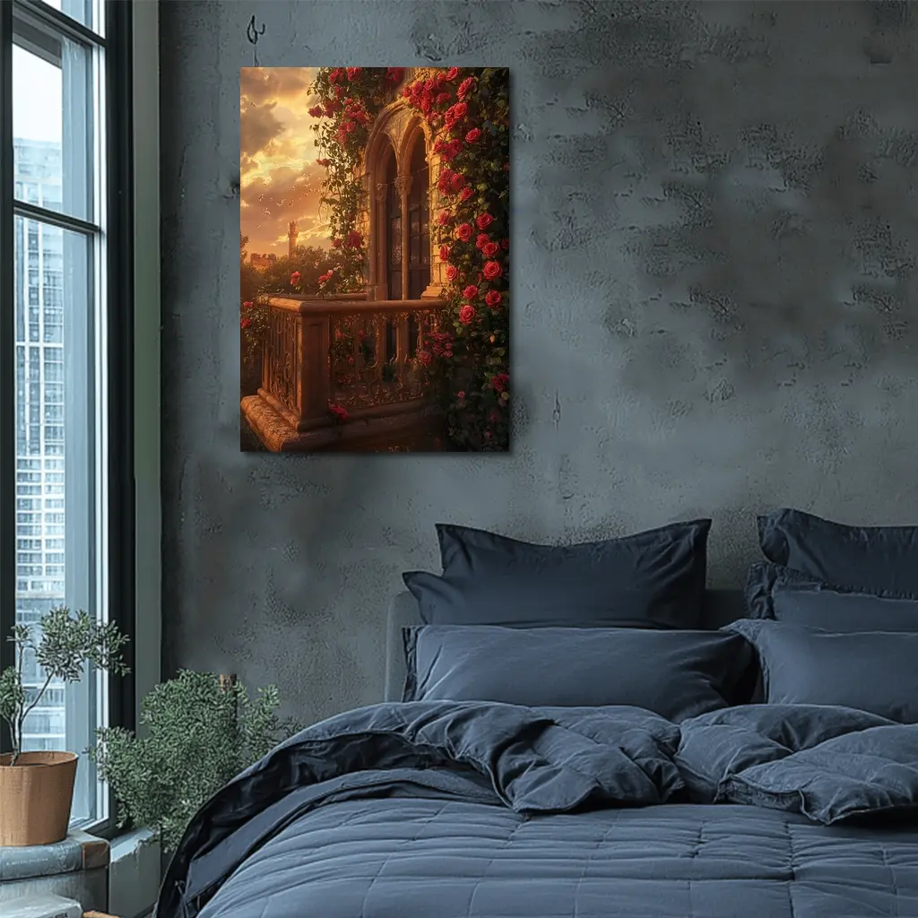 Red Roses Climbing Stone Balcony Sunset – Wall Art