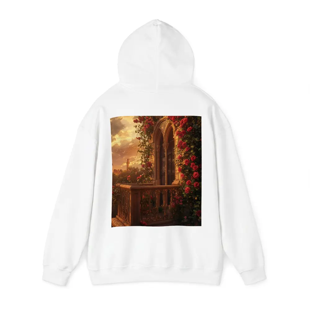 Red Roses Climbing Stone Balcony Sunset – Hoodies