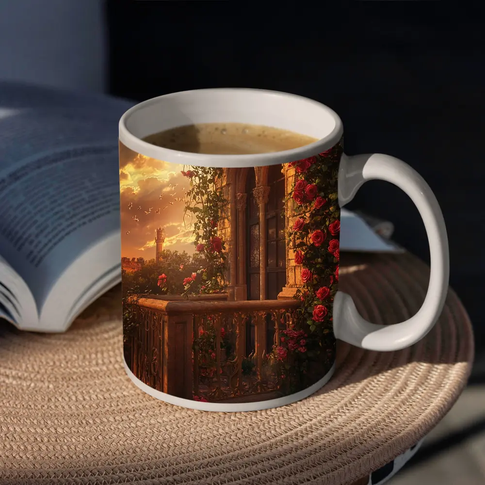 Red Roses Climbing Stone Balcony Sunset – Mugs