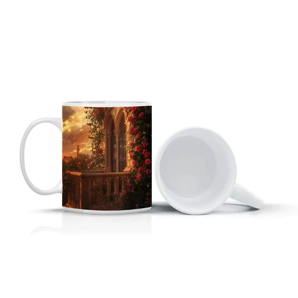 Red Roses Climbing Stone Balcony Sunset – Mugs
