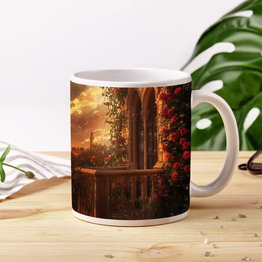 Red Roses Climbing Stone Balcony Sunset – Mugs