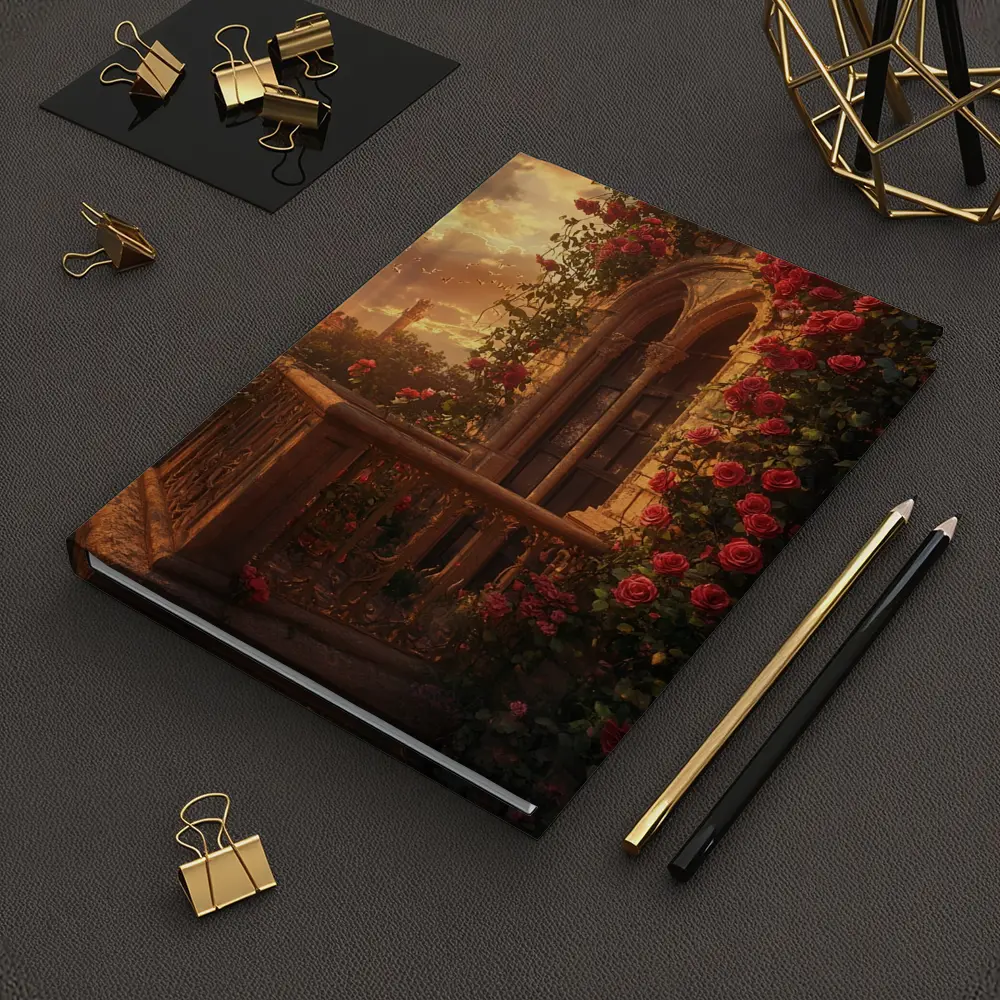 Red Roses Climbing Stone Balcony Sunset – Notebooks