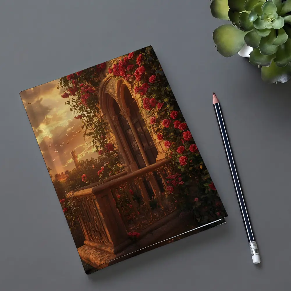 Red Roses Climbing Stone Balcony Sunset – Notebooks