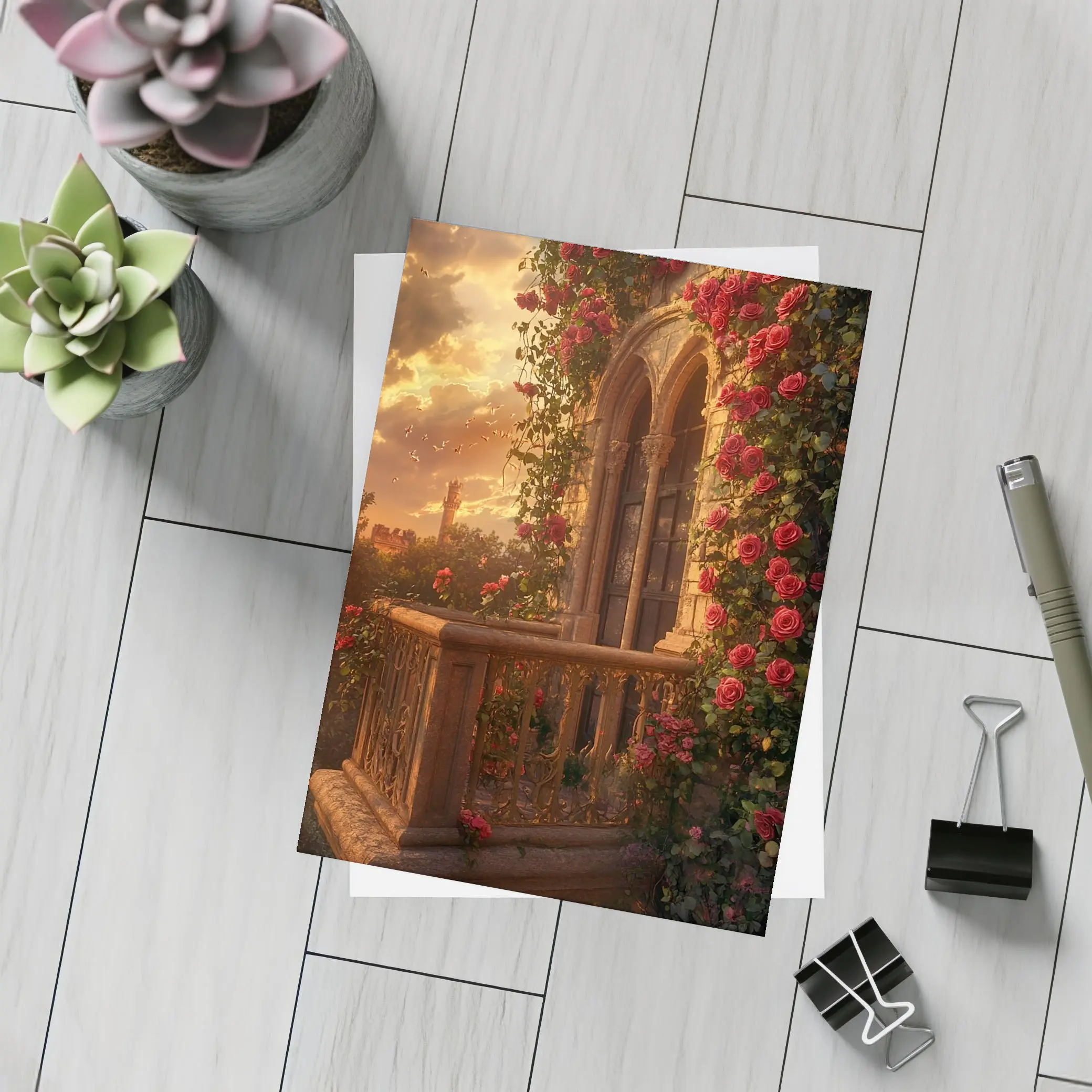 Red Roses Climbing Stone Balcony Sunset – Postcards