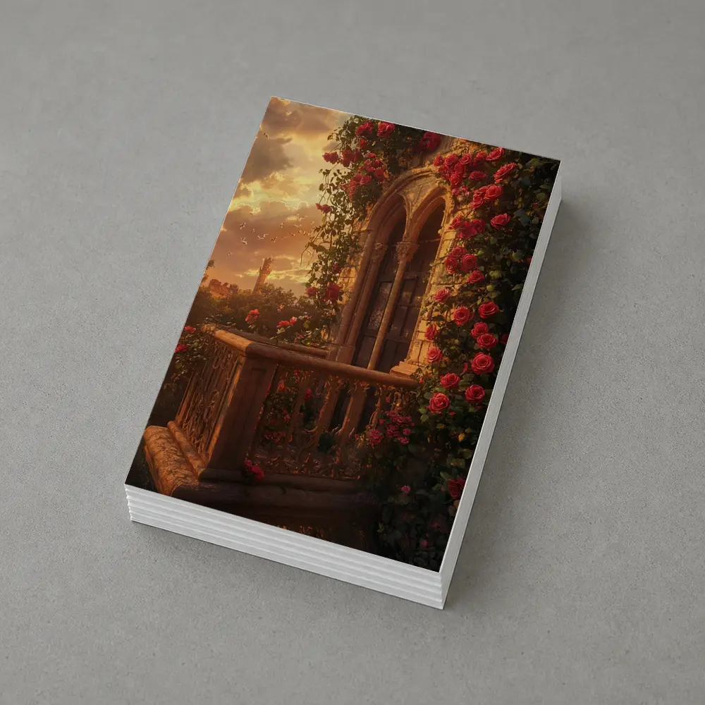 Red Roses Climbing Stone Balcony Sunset – Postcards