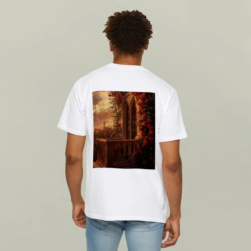 Red Roses Climbing Stone Balcony Sunset – T-Shirts