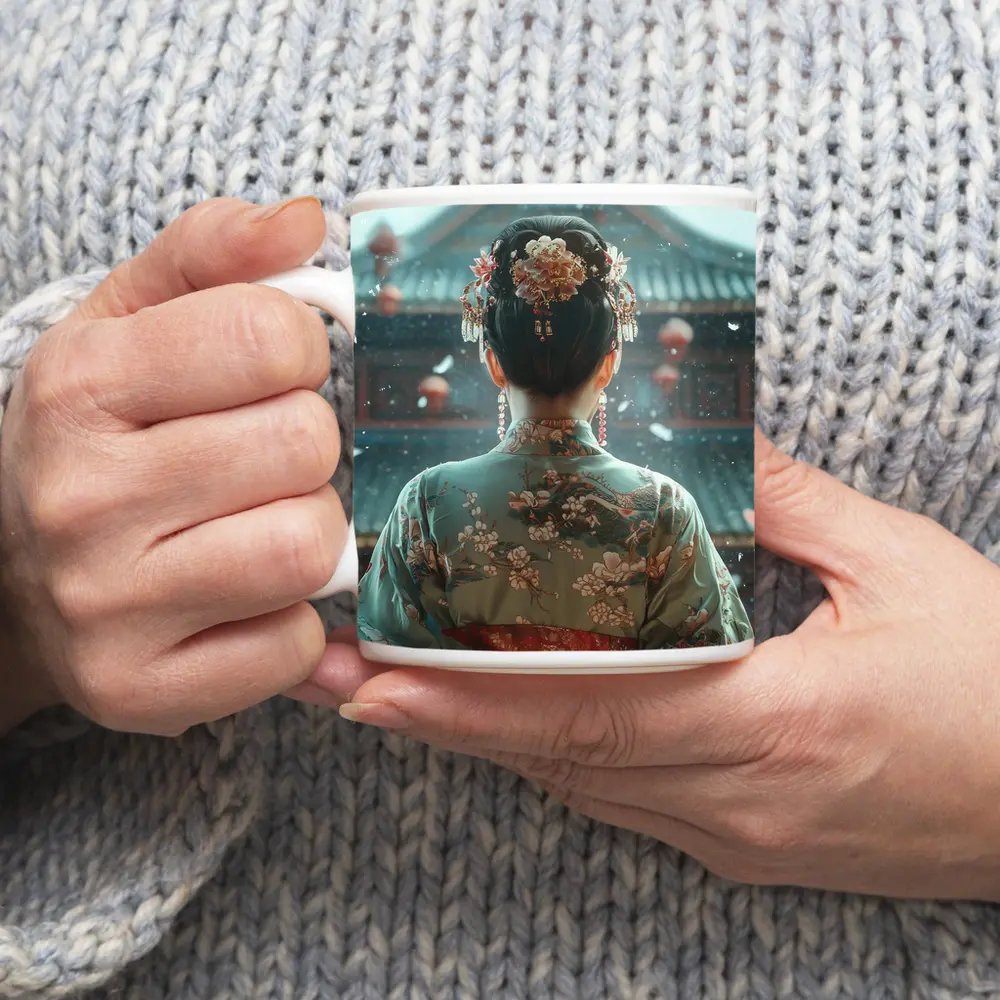 Chinese Woman in Kimono Before Temple – Mugs