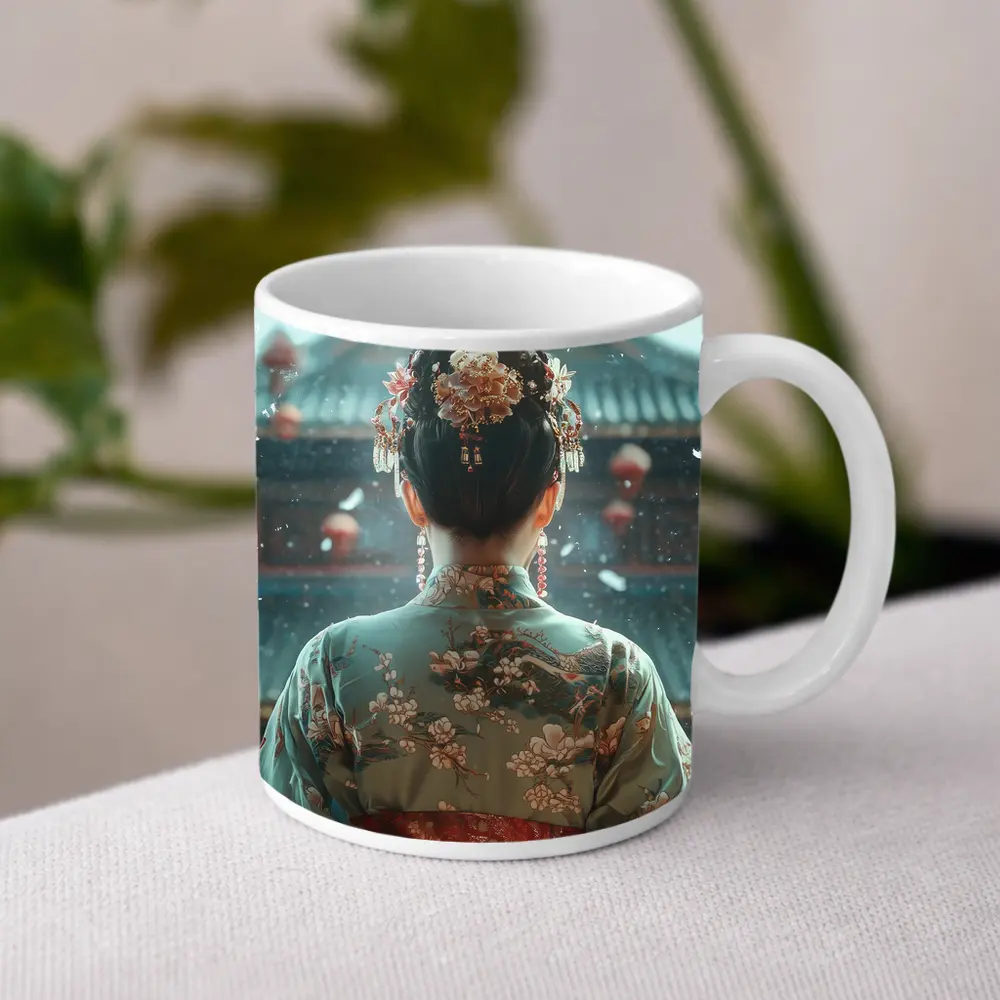 Chinese Woman in Kimono Before Temple – Mugs