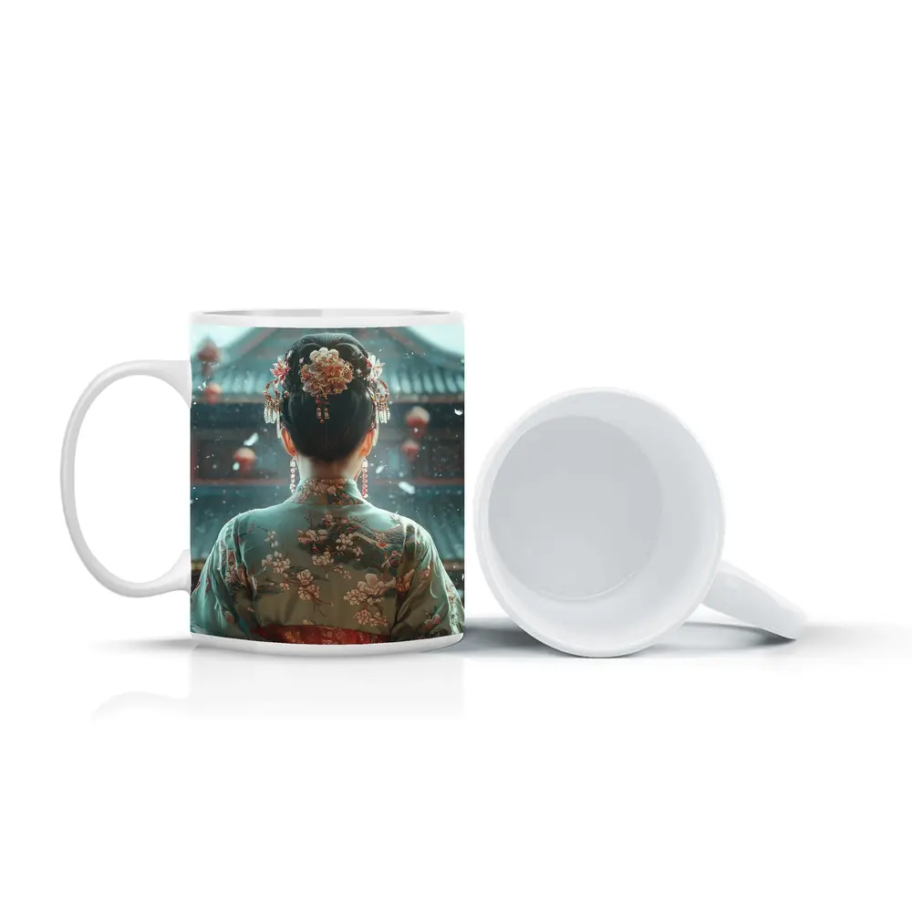 Chinese Woman in Kimono Before Temple – Mugs