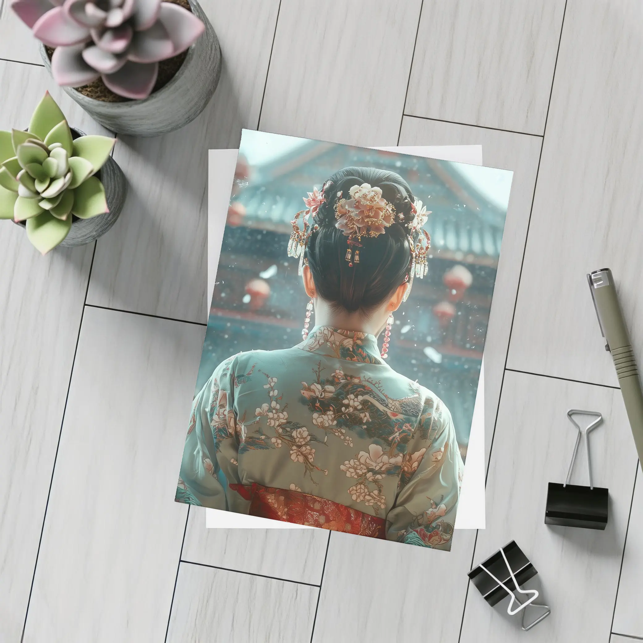Chinese Woman in Kimono Before Temple – Postcards