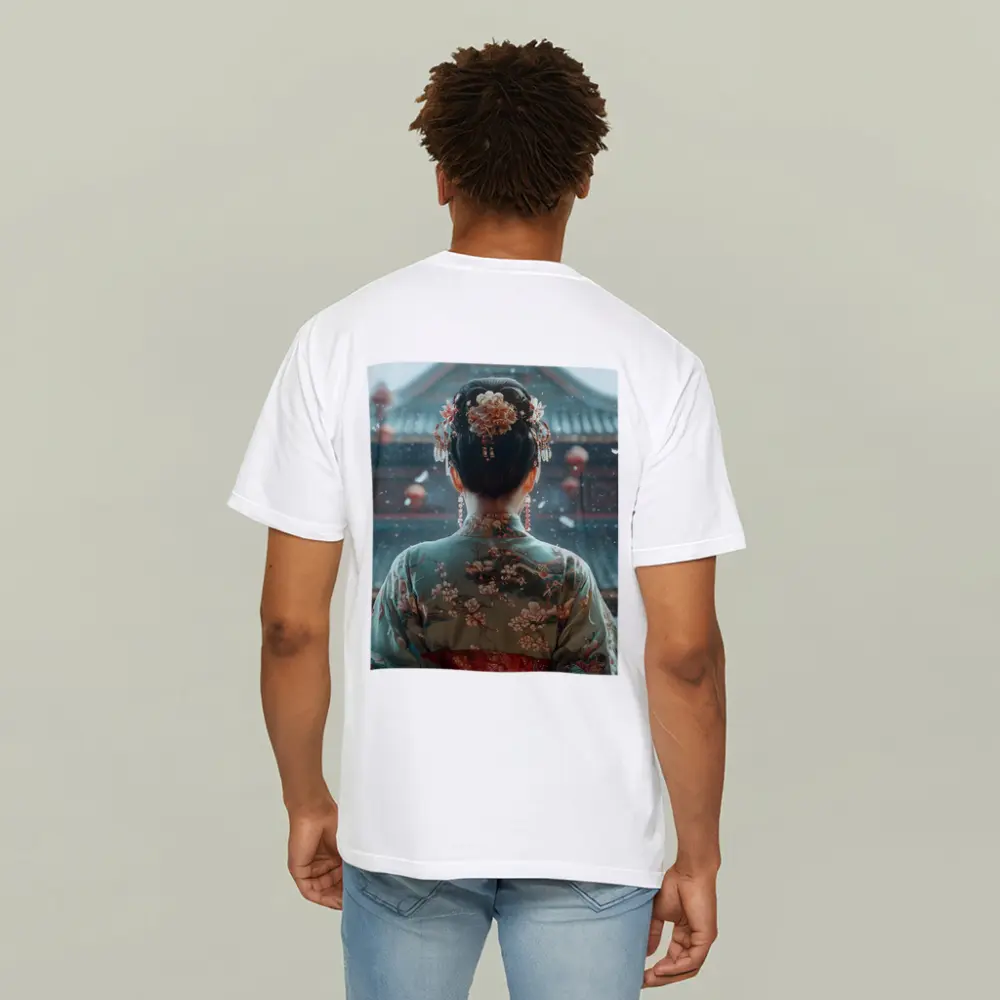 Chinese Woman in Kimono Before Temple – T-Shirts