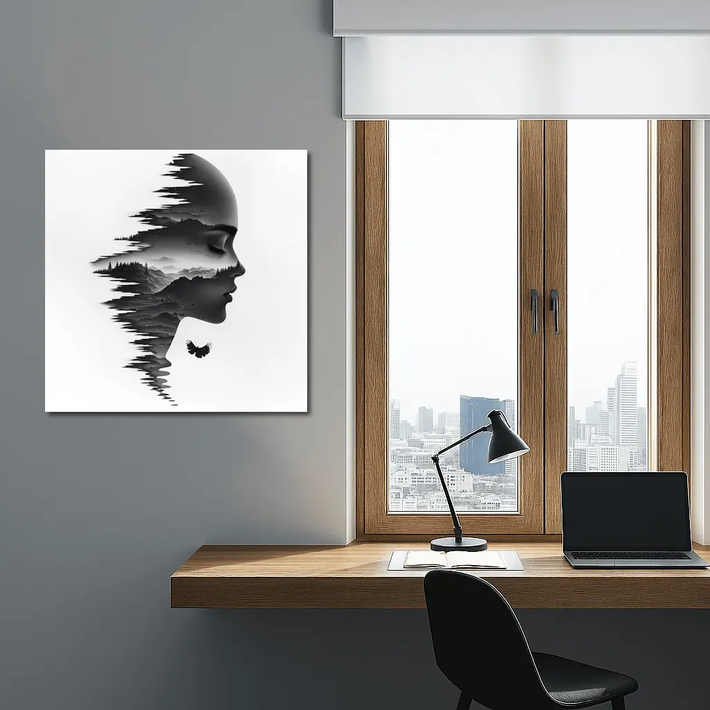 Woman Face Double Exposure Mountain Landscape – Wall Art