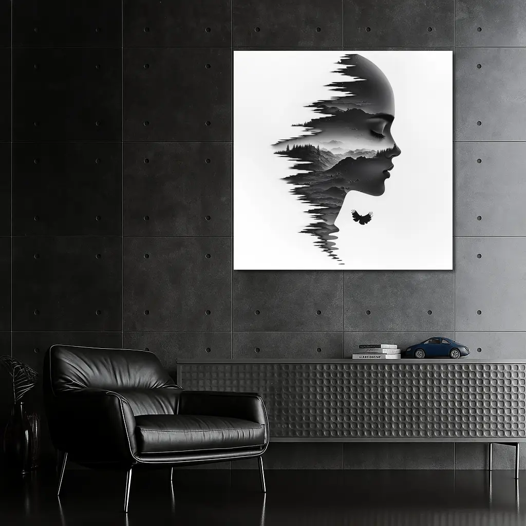 Woman Face Double Exposure Mountain Landscape – Wall Art