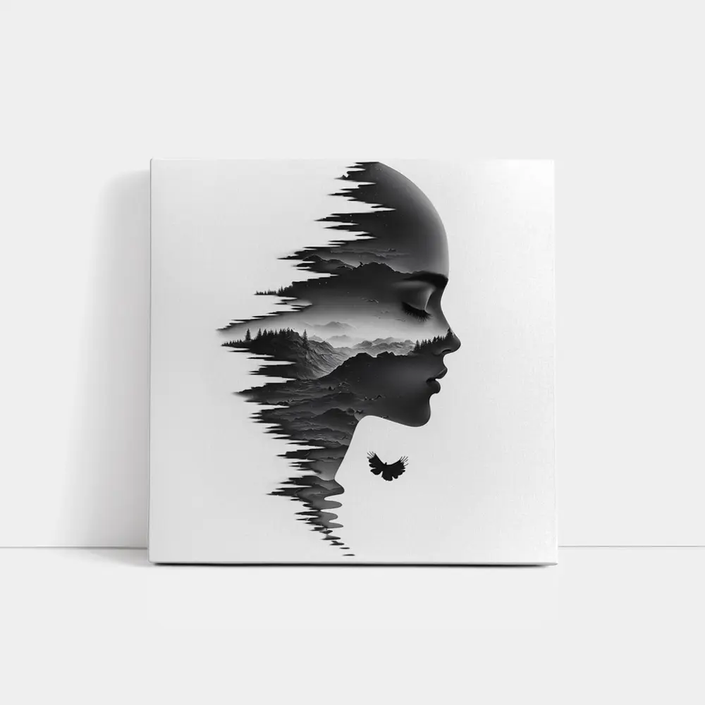 Woman Face Double Exposure Mountain Landscape – Wall Art