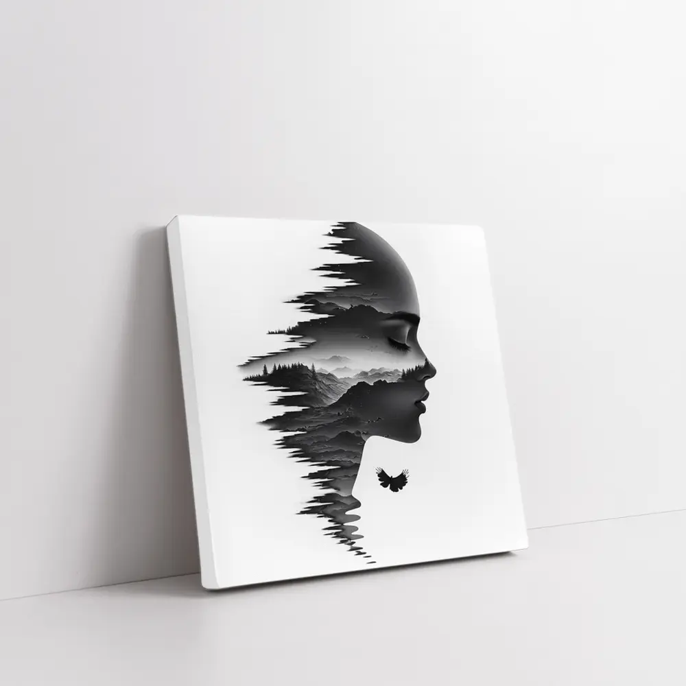 Woman Face Double Exposure Mountain Landscape – Wall Art