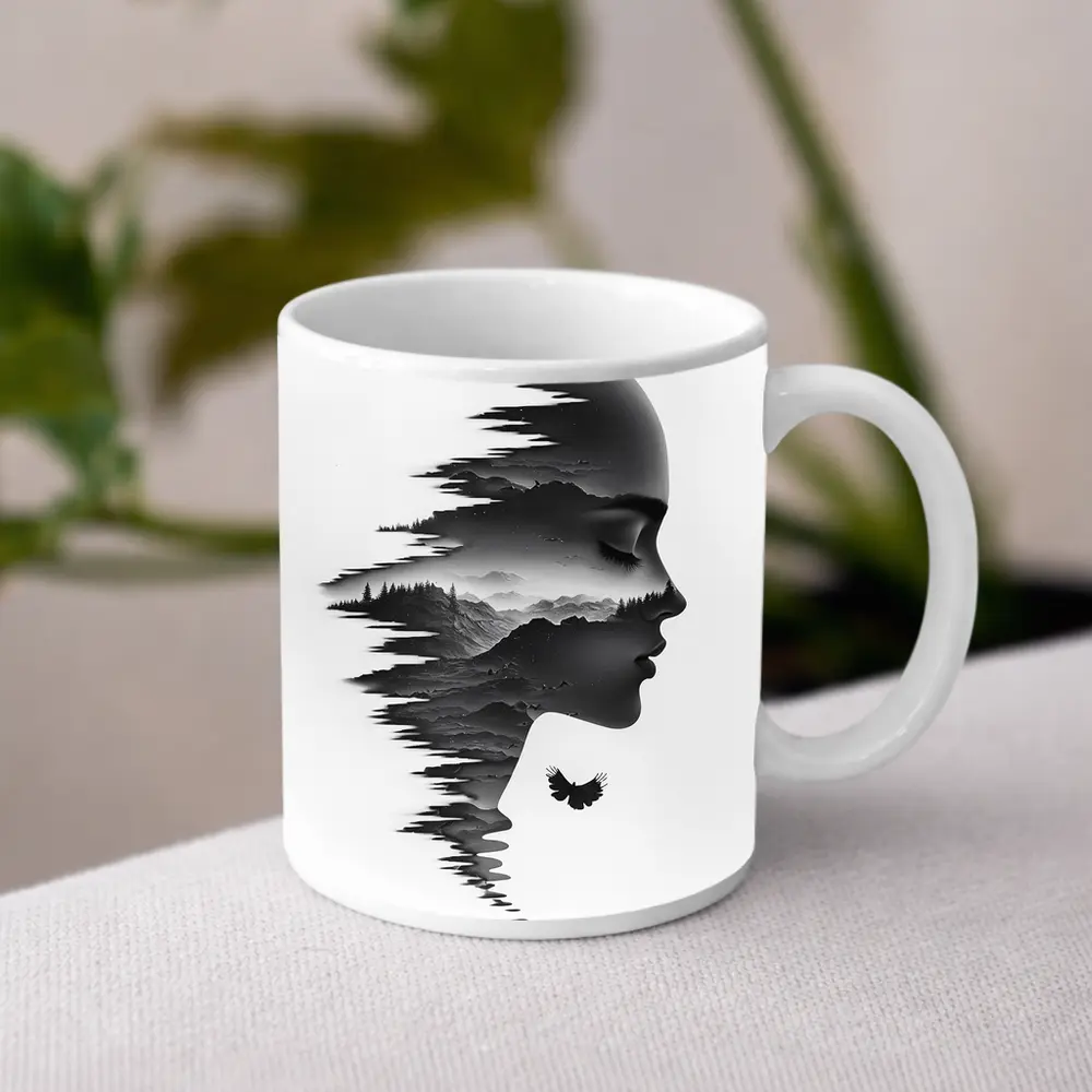 Woman Face Double Exposure Mountain Landscape – Mugs