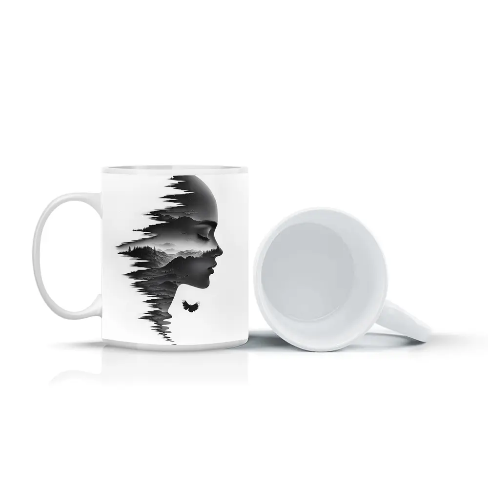 Woman Face Double Exposure Mountain Landscape – Mugs