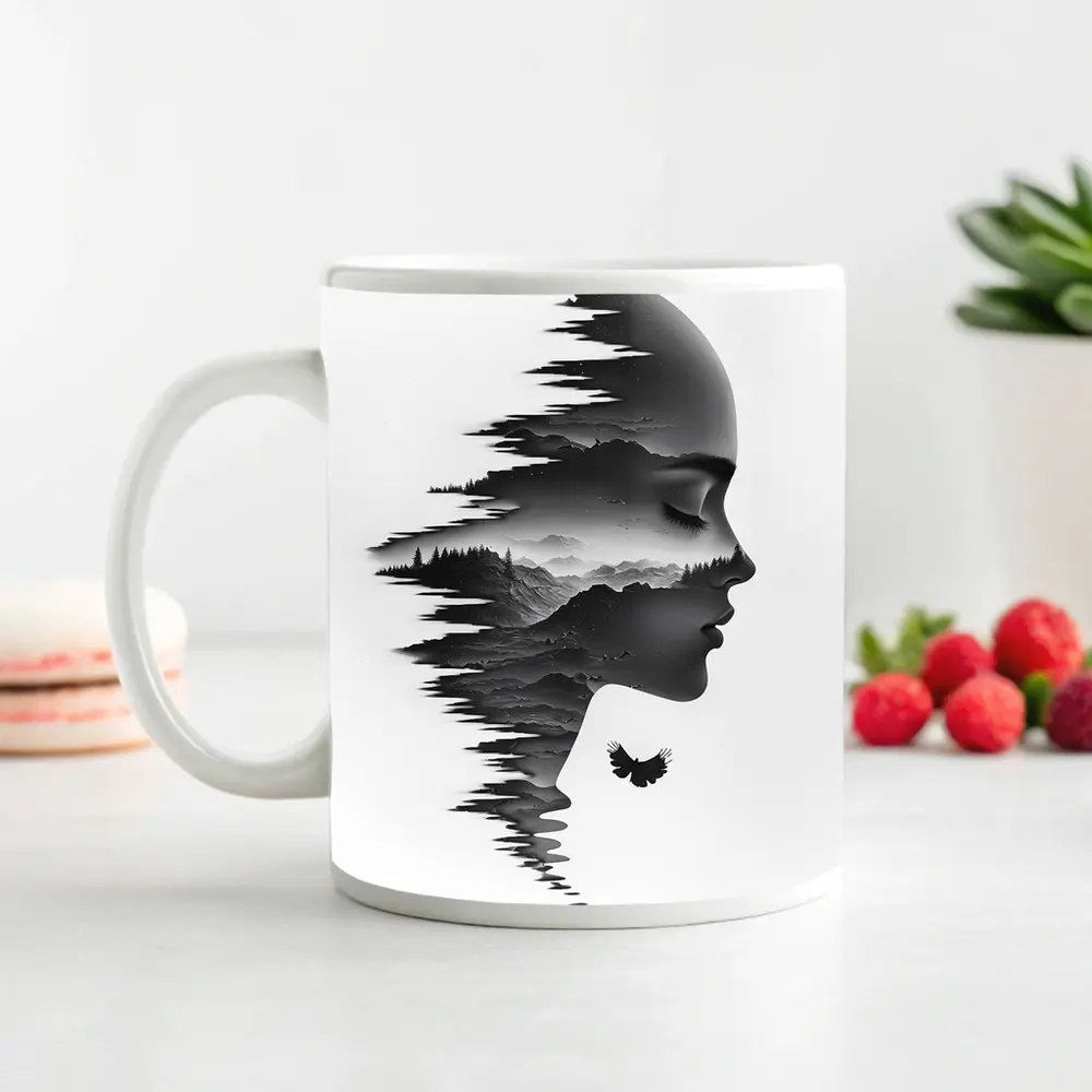 Woman Face Double Exposure Mountain Landscape – Mugs