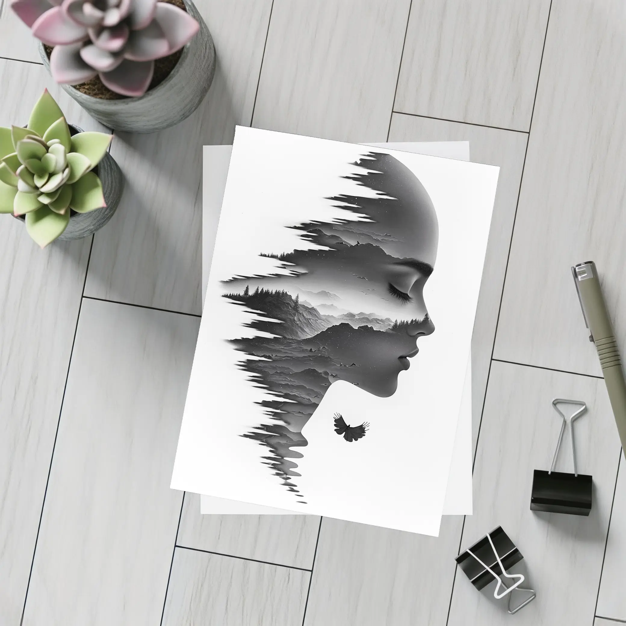Woman Face Double Exposure Mountain Landscape – Postcards
