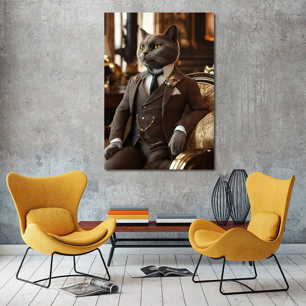 Gray Cat Gentleman Suit Luxury Interior – Wall Art