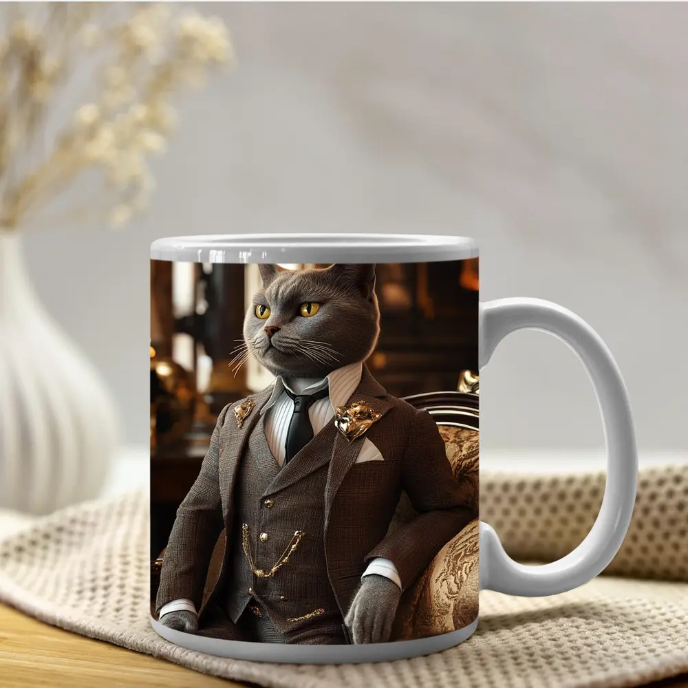 Gray Cat Gentleman Suit Luxury Interior – Mugs