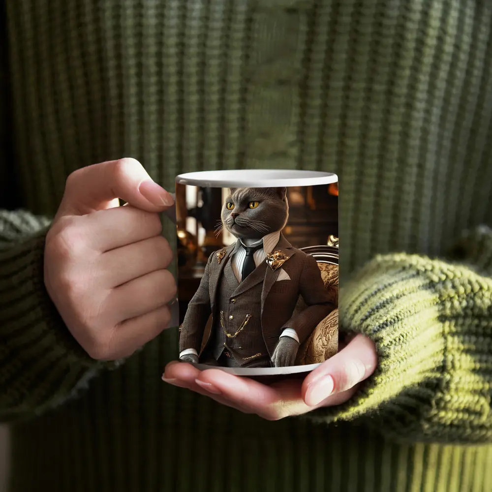 Gray Cat Gentleman Suit Luxury Interior – Mugs