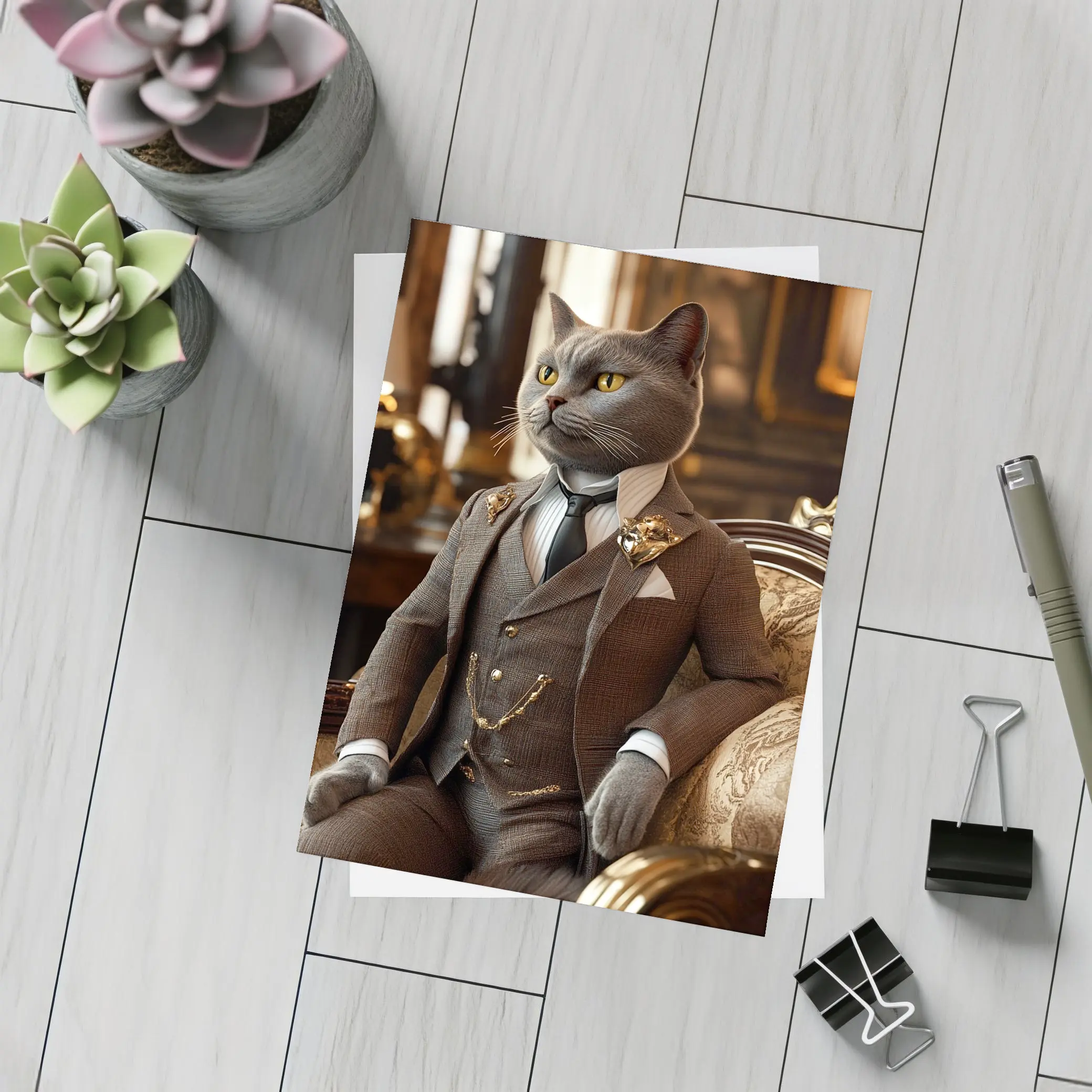 Gray Cat Gentleman Suit Luxury Interior – Postcards