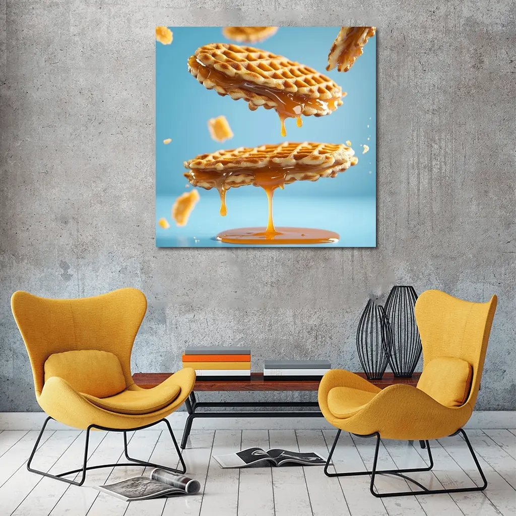 Golden Syrup Dripping Waffles Blue Background – Wall Art