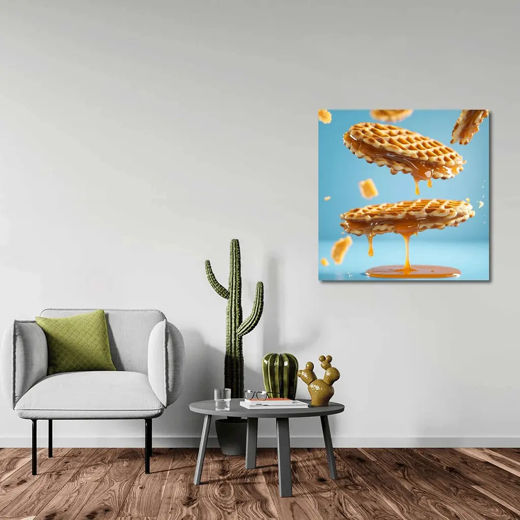 Golden Syrup Dripping Waffles Blue Background – Wall Art