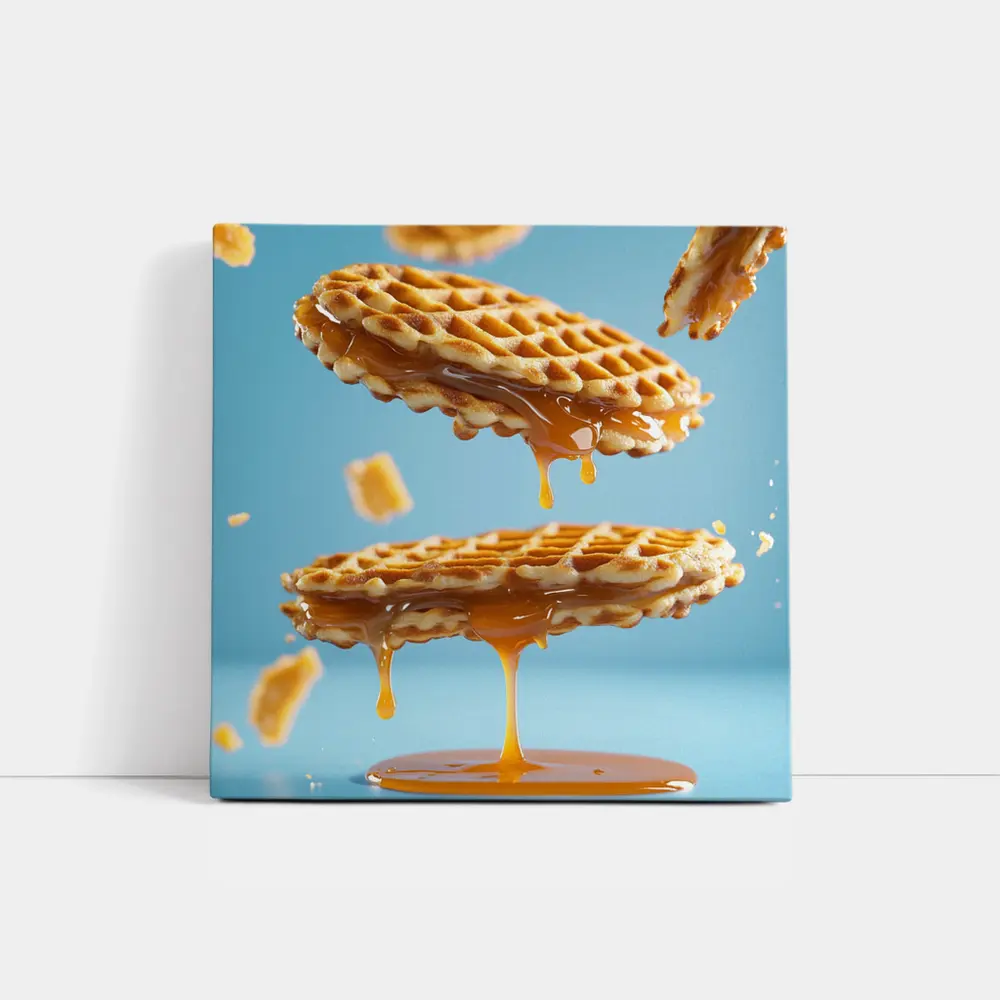 Golden Syrup Dripping Waffles Blue Background – Wall Art