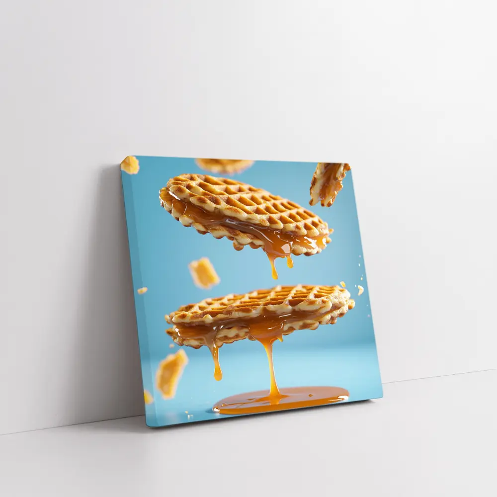 Golden Syrup Dripping Waffles Blue Background – Wall Art