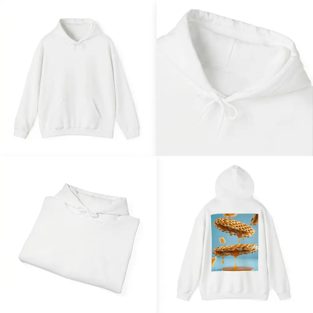 Golden Syrup Dripping Waffles Blue Background – Hoodies