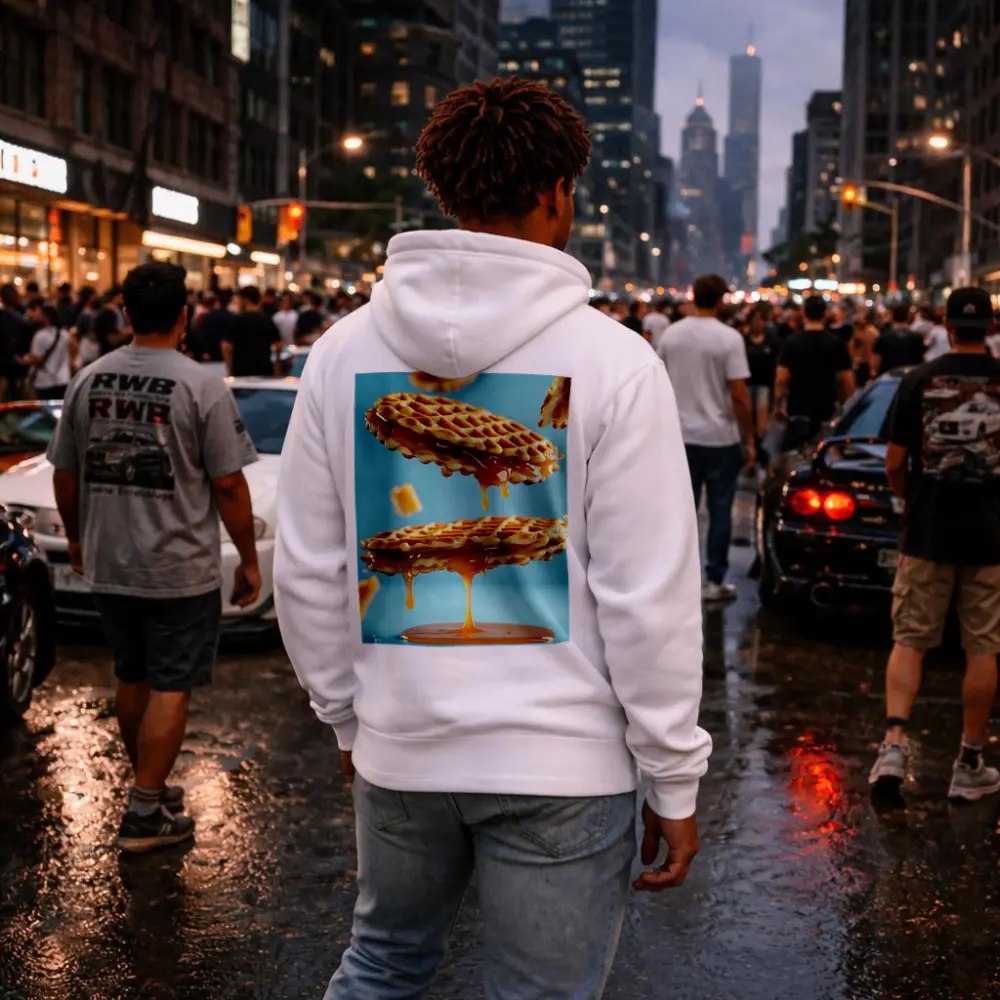 Golden Syrup Dripping Waffles Blue Background – Hoodies