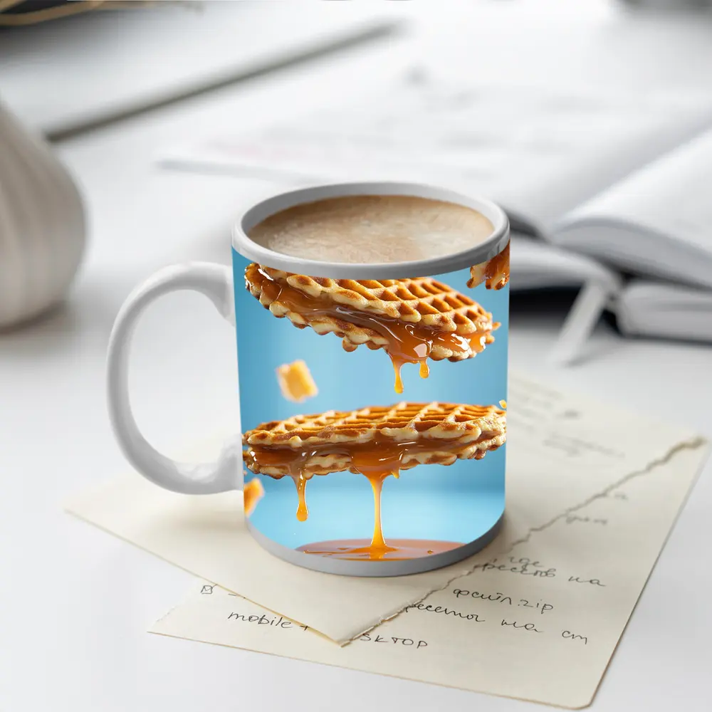 Golden Syrup Dripping Waffles Blue Background – Mugs