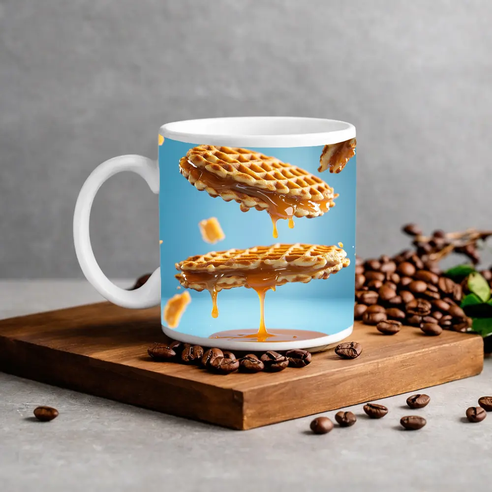Golden Syrup Dripping Waffles Blue Background – Mugs