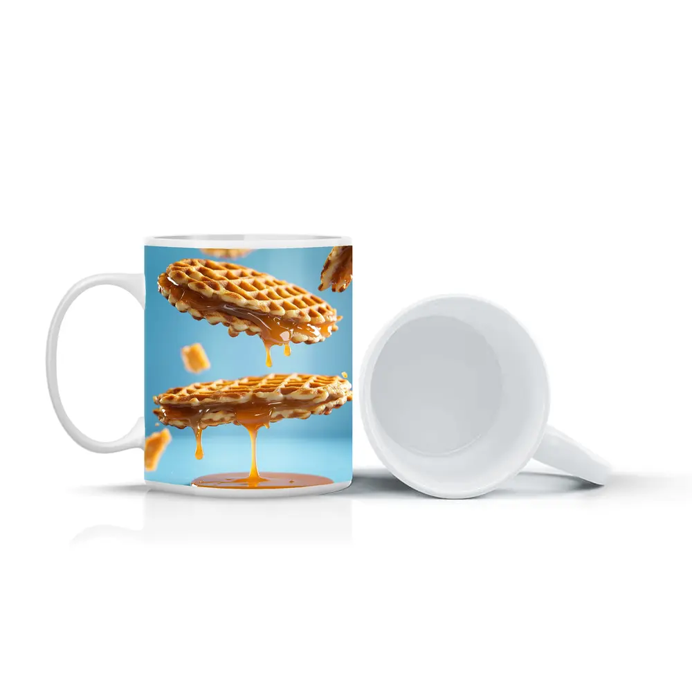 Golden Syrup Dripping Waffles Blue Background – Mugs