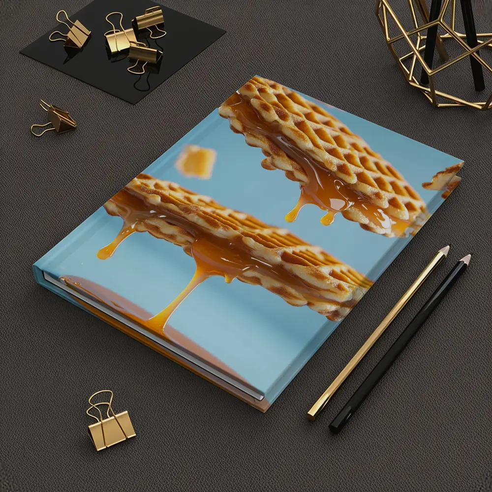 Golden Syrup Dripping Waffles Blue Background – Notebooks
