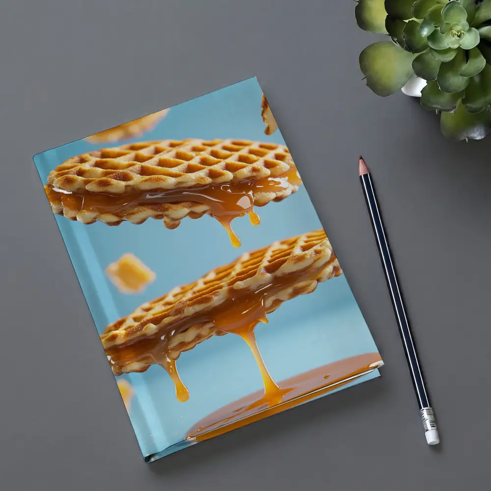 Golden Syrup Dripping Waffles Blue Background – Notebooks