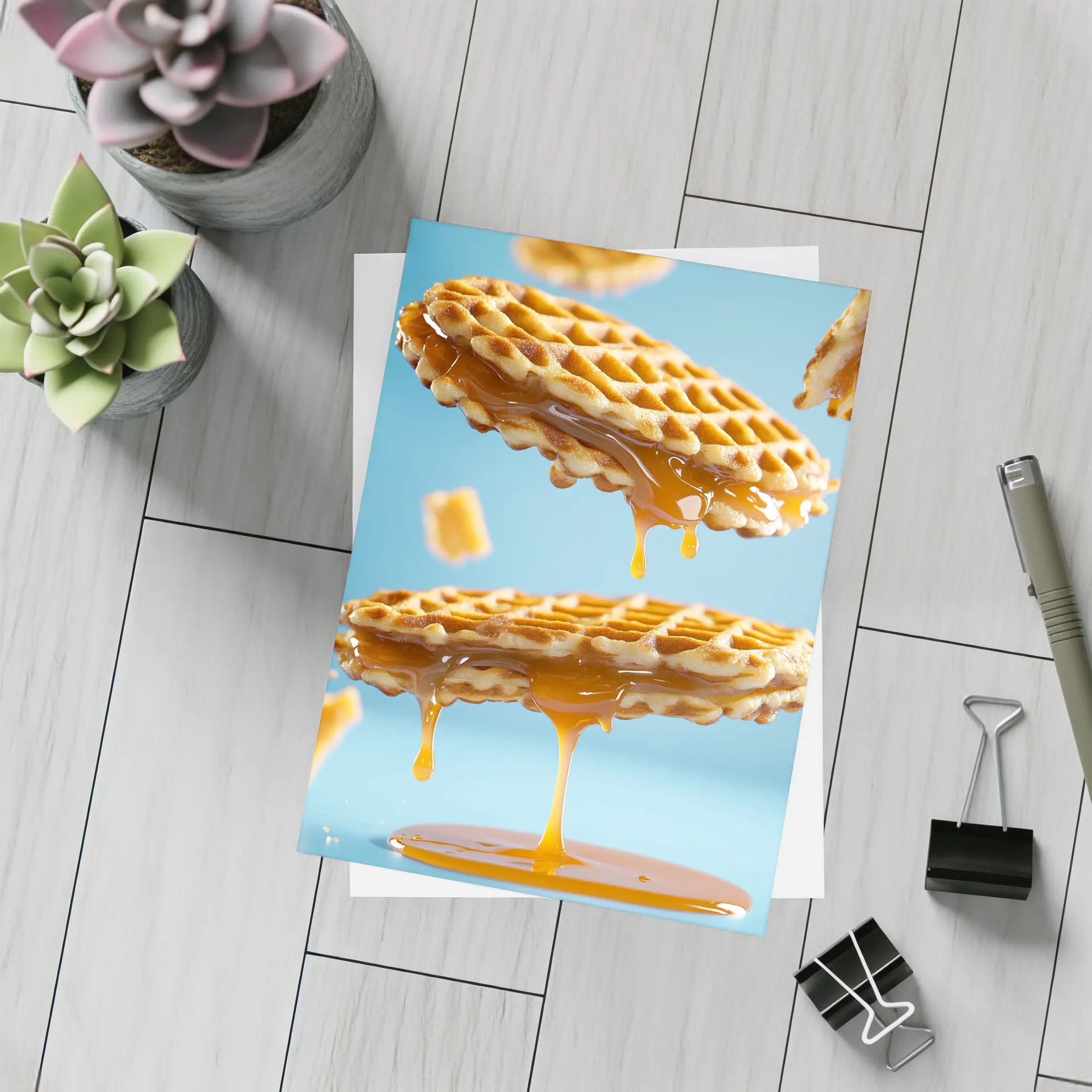 Golden Syrup Dripping Waffles Blue Background – Postcards