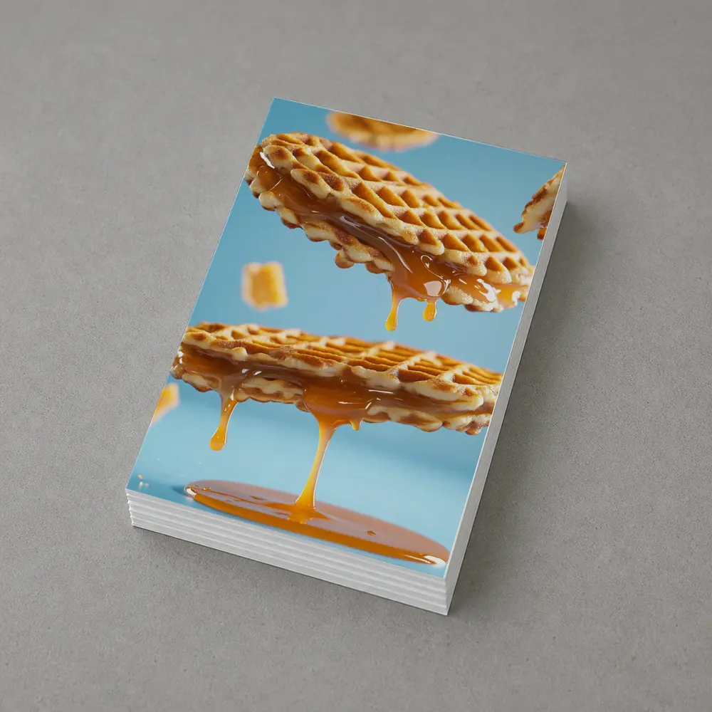 Golden Syrup Dripping Waffles Blue Background – Postcards