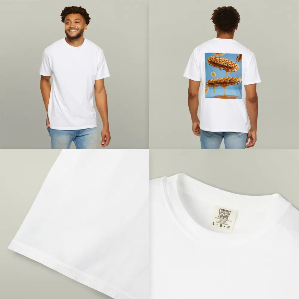 Golden Syrup Dripping Waffles Blue Background – T-Shirts