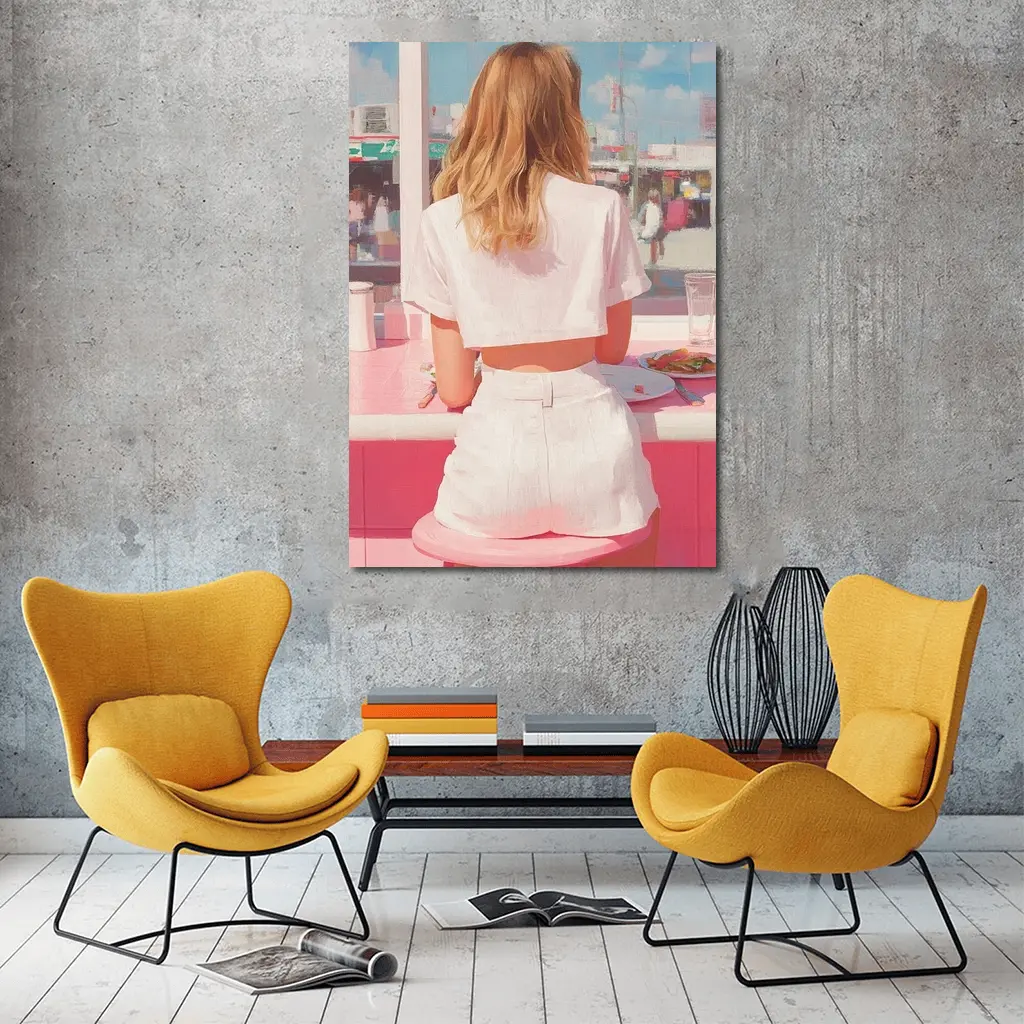 Blonde Woman Pink Diner Summer Pop Art – Wall Art