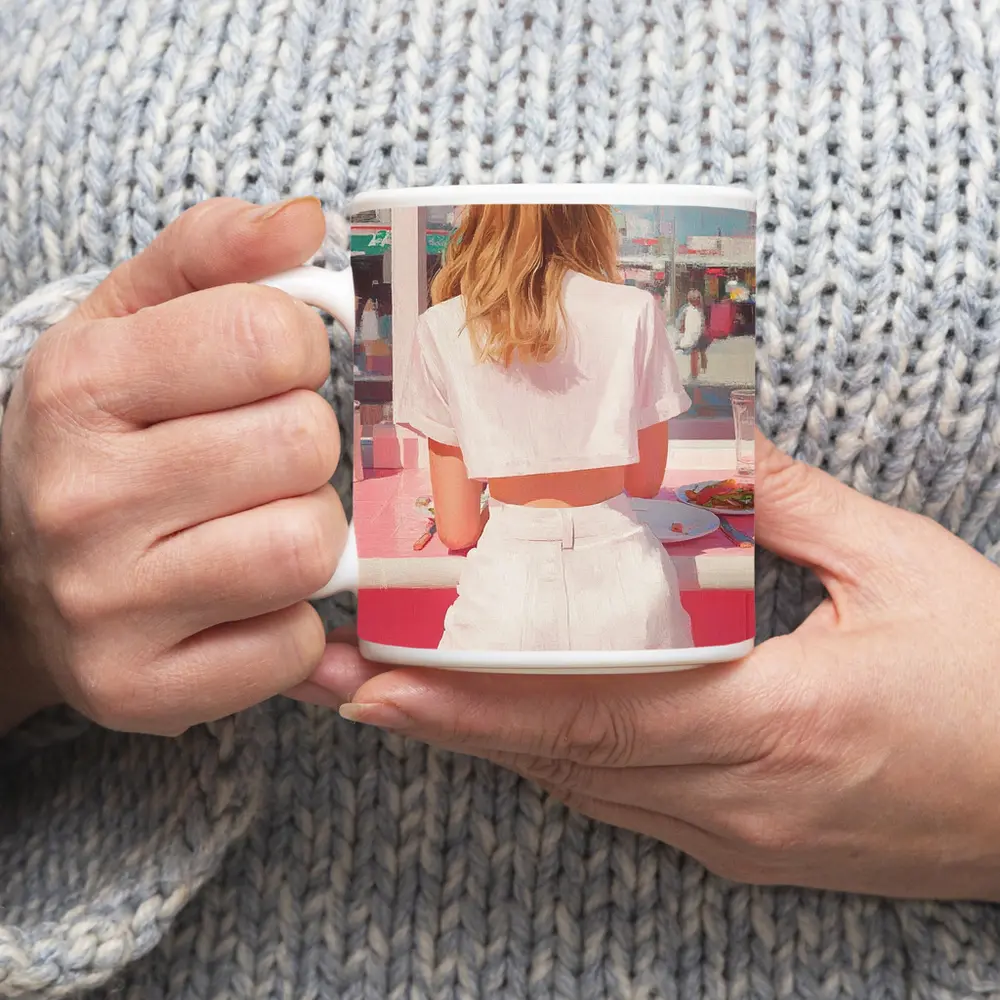 Blonde Woman Pink Diner Summer Pop Art – Mugs