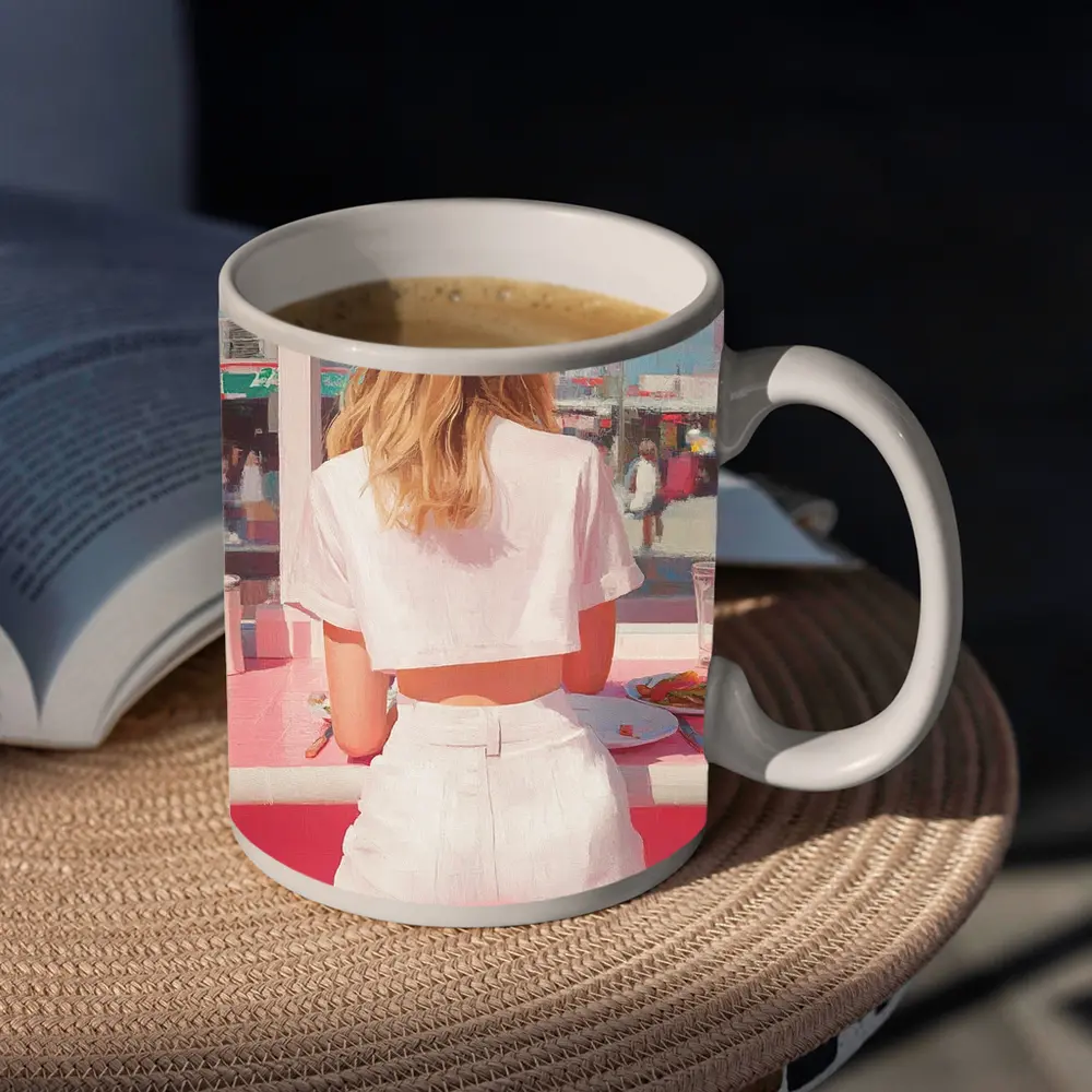 Blonde Woman Pink Diner Summer Pop Art – Mugs