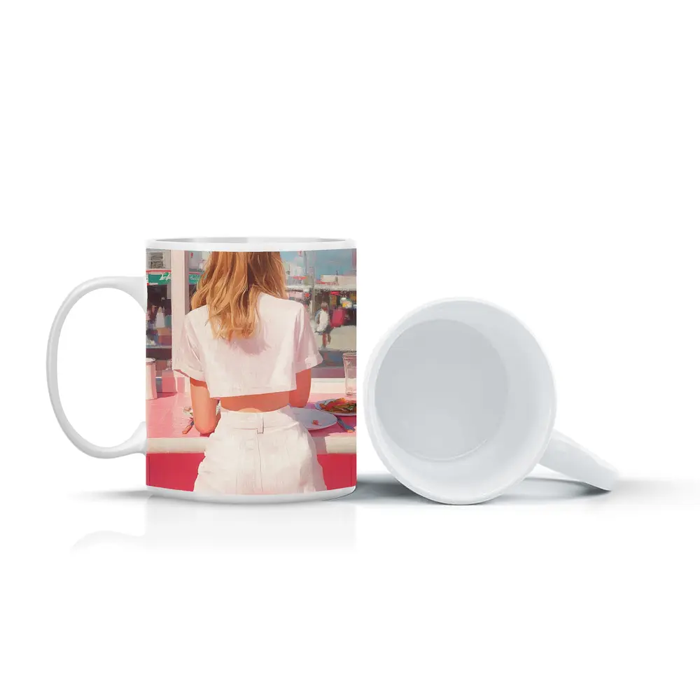 Blonde Woman Pink Diner Summer Pop Art – Mugs