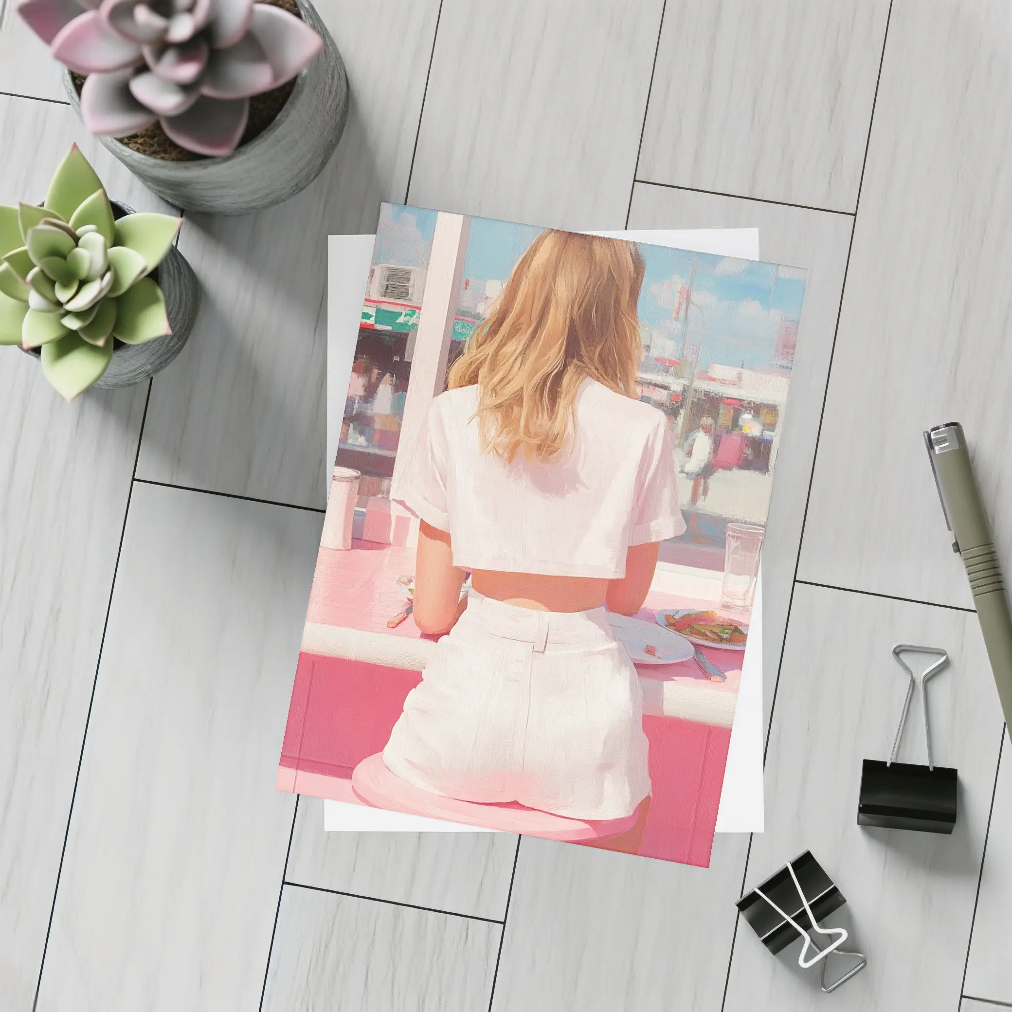 Blonde Woman Pink Diner Summer Pop Art – Postcards