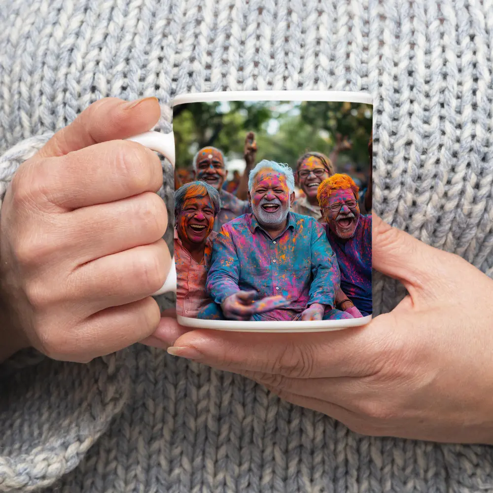 Elderly Men Celebrating Holi Festival Colorful Joy – Mugs